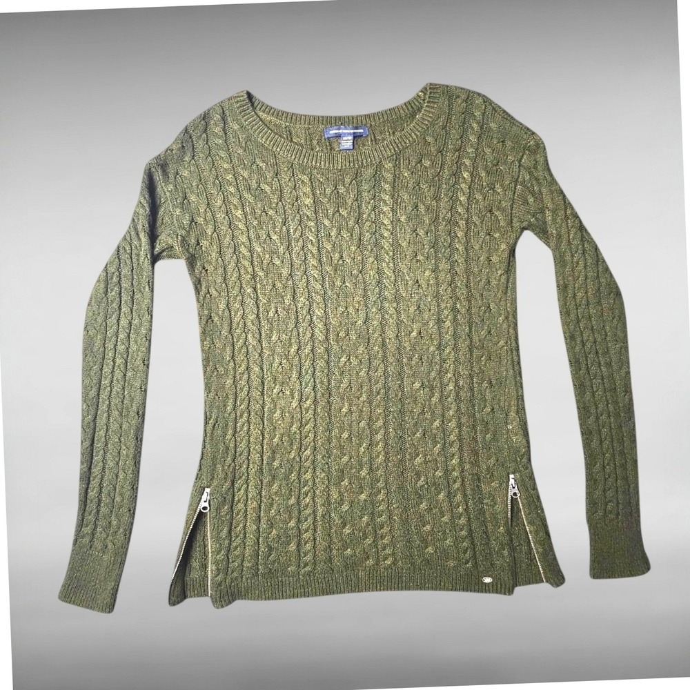American Eagle Gorpcore Earthy Marled Cable Knit Side Zip Sweater Olive Women XS
